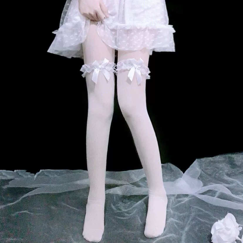 Шикарные кружевные сексуальные высокие ботфорты, чулки до колена, белые тонкие колготки с бантом, кружевное платье