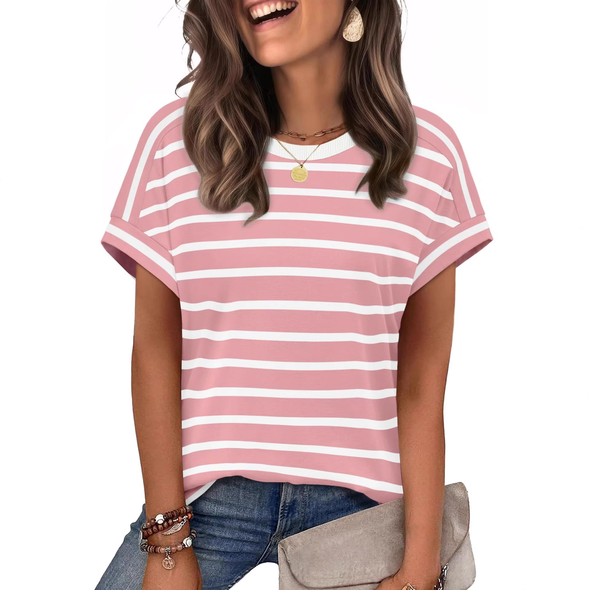 Summer New Women's Round Neck Casual Striped T-Shirt Short Sleeve Top American Style_ecoleips.com
