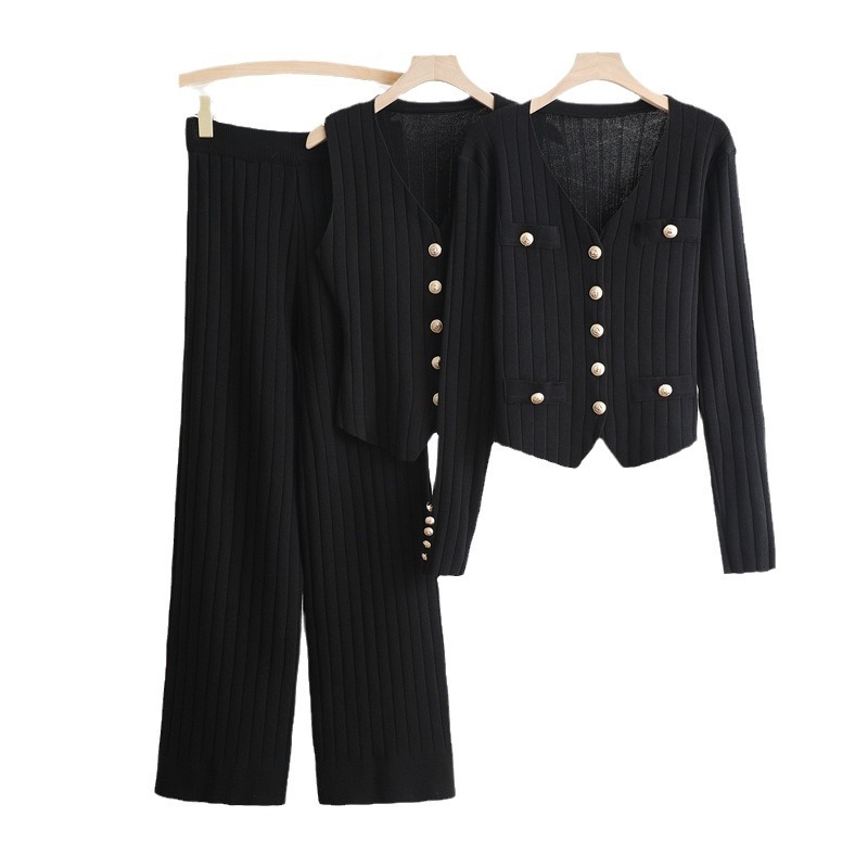Women's Clothing Fashion suit long sleeved V neck single breasted knitted jacket three piece vest high waist straight wide leg pants_voghion.com