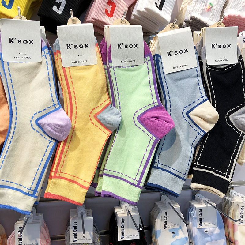 Korean Socks for Women, Mid-Calf Socks, Dongdaemun Ksox Color-Blocked Long Socks, Stacked Socks, Ins-Style Personality Mid-Calf Socks for Women