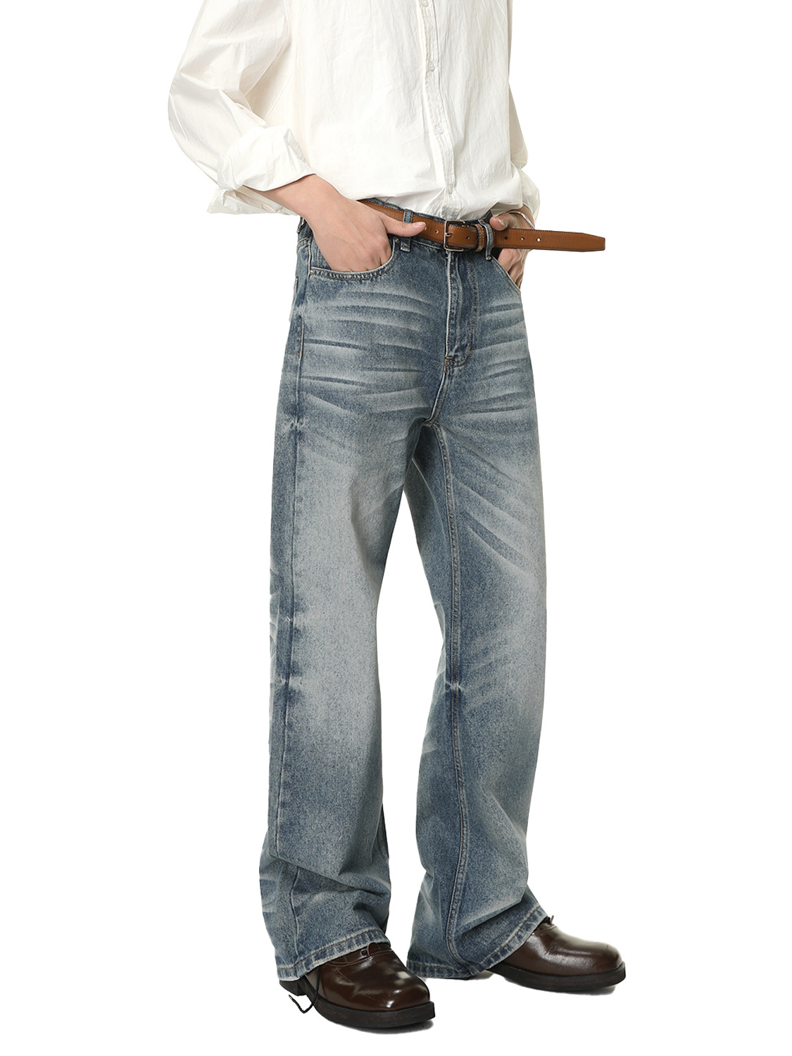 MTLCLOTHES Hombres| El gato de la calle alta lavado en agua estriado pliegue retro hacer viejos jeans de piernas anchas rectas de moda