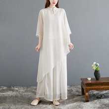实拍 飘逸禅意茶服仙气2024夏季新款女装中式中国风白色雪纺套装