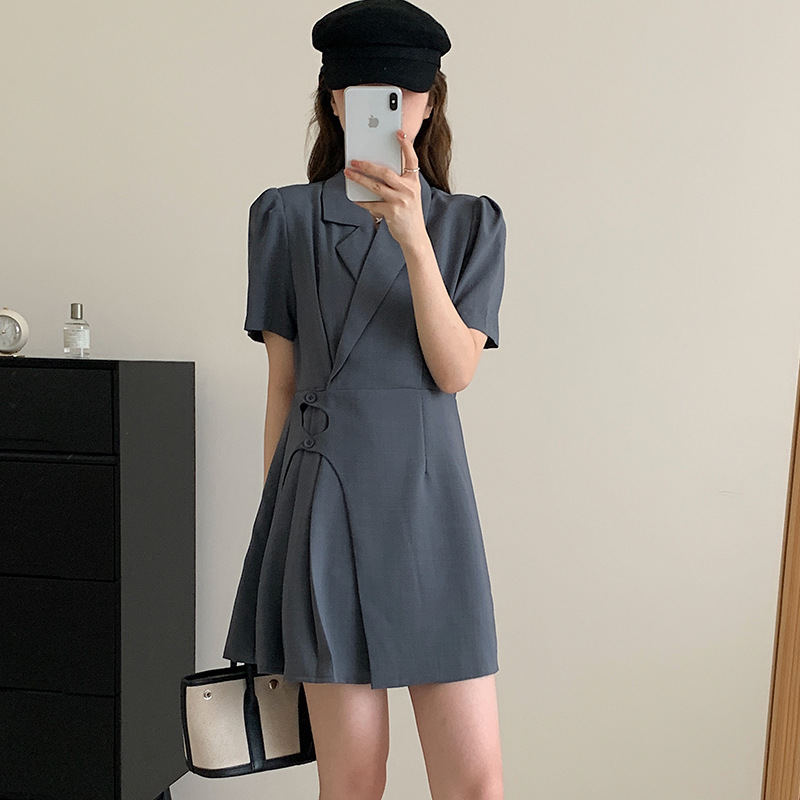 [Benchu]Temperament Commuting Style Suit Dress Women's Summer French Waist Slim Puff Sleeve A-Line Skirt