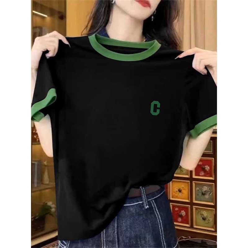 Unique Non-Clashing Style Regular Shoulder Color-Blocked Pure Cotton Short-Sleeve T-Shirt for Women, Trendy Versatile Stylish Top, Base Shirt for Summer