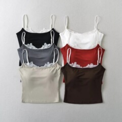 撞色蕾絲花邊時尚設計感內搭小吊帶上衣女2024辣妹性感針織小背心