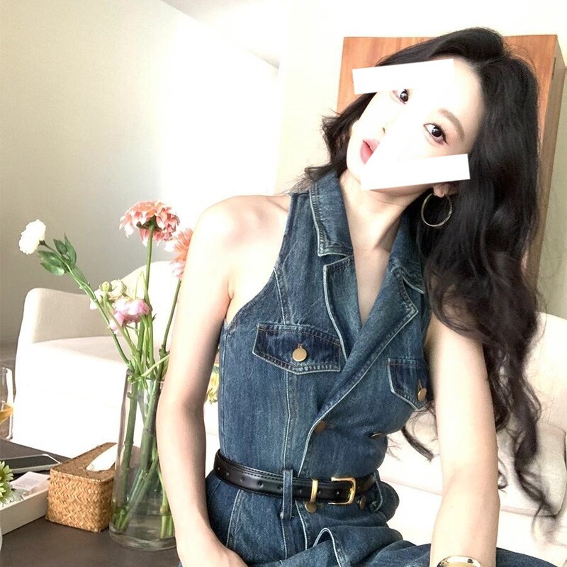 Hong Kong Style Retro Denim Dress for Women 2025 New Shirt Light Luxury Sleeveless Dress for Small People