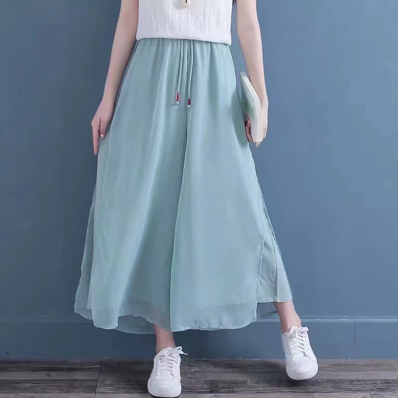 Summer New Artistic Retro Double-layer Silk and Linen Wide-leg Pants for Women, Thin, Elegant and Versatile Cropped Pants