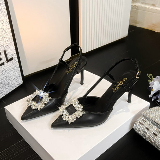Summer New Women's Sandals Stiletto Heel Pointed Toe Fashionable Korean-style All-match Rear Empty Crystal Square Buckle Autumn High Heels
