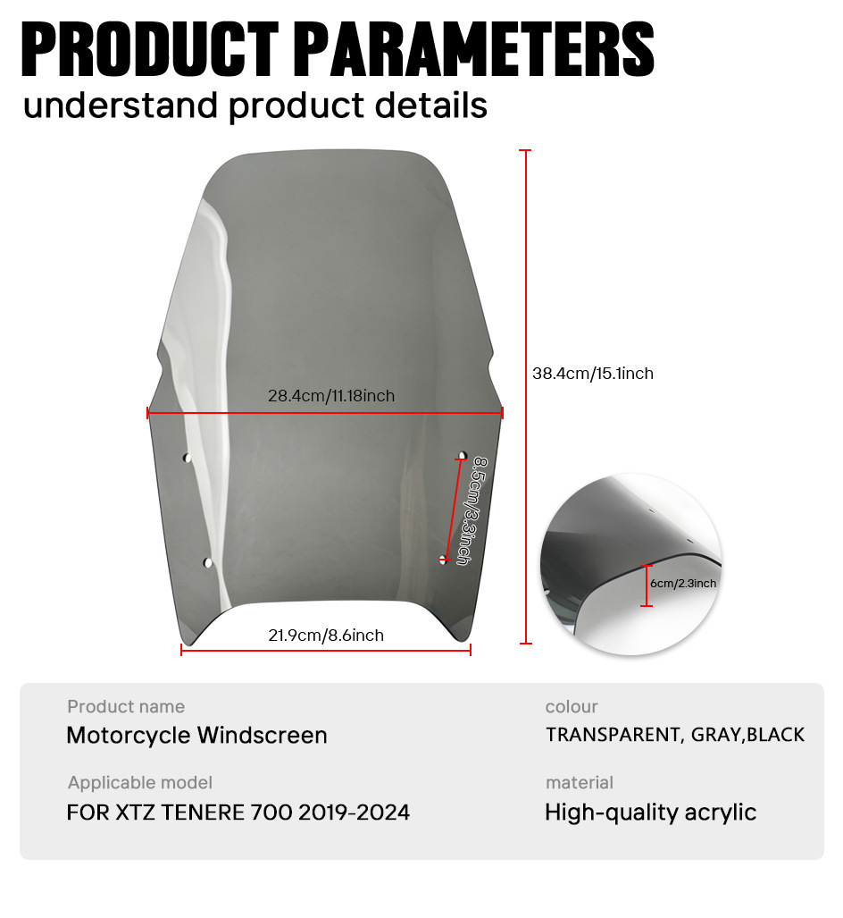Suitable for Yamaha Tenere 700 XT700Z 2019-2022, 4-piece windshield, extended windshield, wind deflector