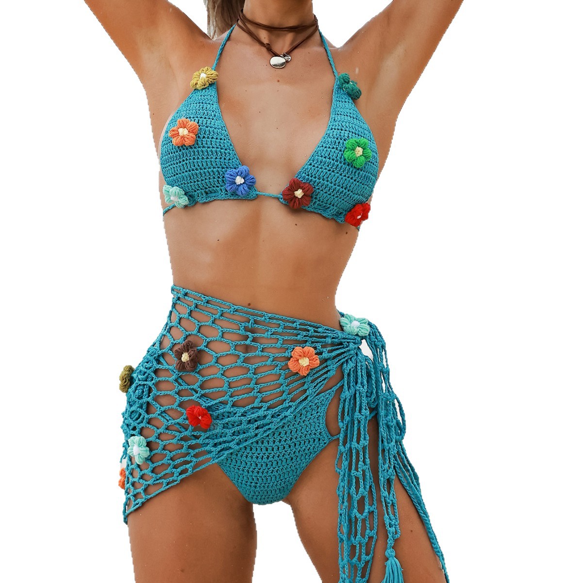 Serviette de plage ajourée en résille style européen/américain AliExpress, bikini deux pièces sexy à fleurs, ensemble trois pièces crocheté à la main_voghion.com