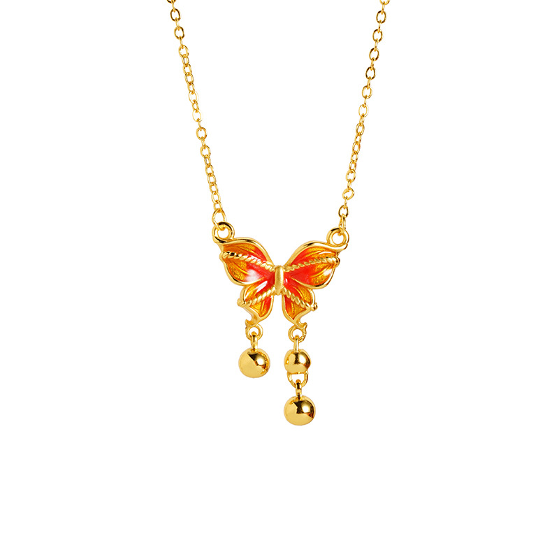 Antiguo collar de oro de arena vietnamita, esmalte de colores, pendientes de mariposa con flecos, lujo ligero, joyería de alta calidad que no se desvanece durante mucho tiempo