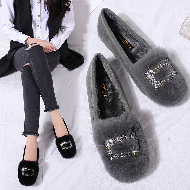 Mocasines de piel de conejo zapatos de felpa forrados de lana para mujer invierno 2023 nuevos zapatos de algodón cálido zapatos planos de mujer talla grande 41-43