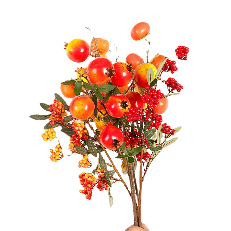 Fu Cubo de Año Nuevo snack flor material al por mayor flor artificial Holly eucalipto Granada caqui Año Nuevo snack flor Fu cubo material de bricolaje
