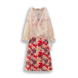 65.00 kg-160.00 kg Plus Size Knitted Cardigan Sling Floral dress Two-Piece Set Spring and Autumn Holiday Style Fat mm