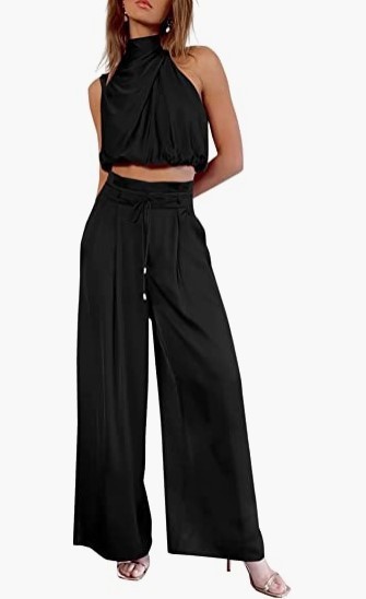 Women's 2-piece Summer Casual Sleeveless Collar Open Navel Top Wide Leg Pants Set_voghion.com