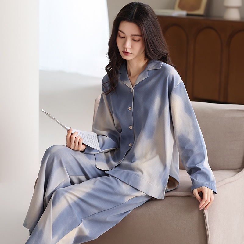 77569 Spot 100% Cotton Pajamas Cardigan Pure Cotton Smudged Fashion Can Be Worn Outside Home Clothes Two-Piece Suit