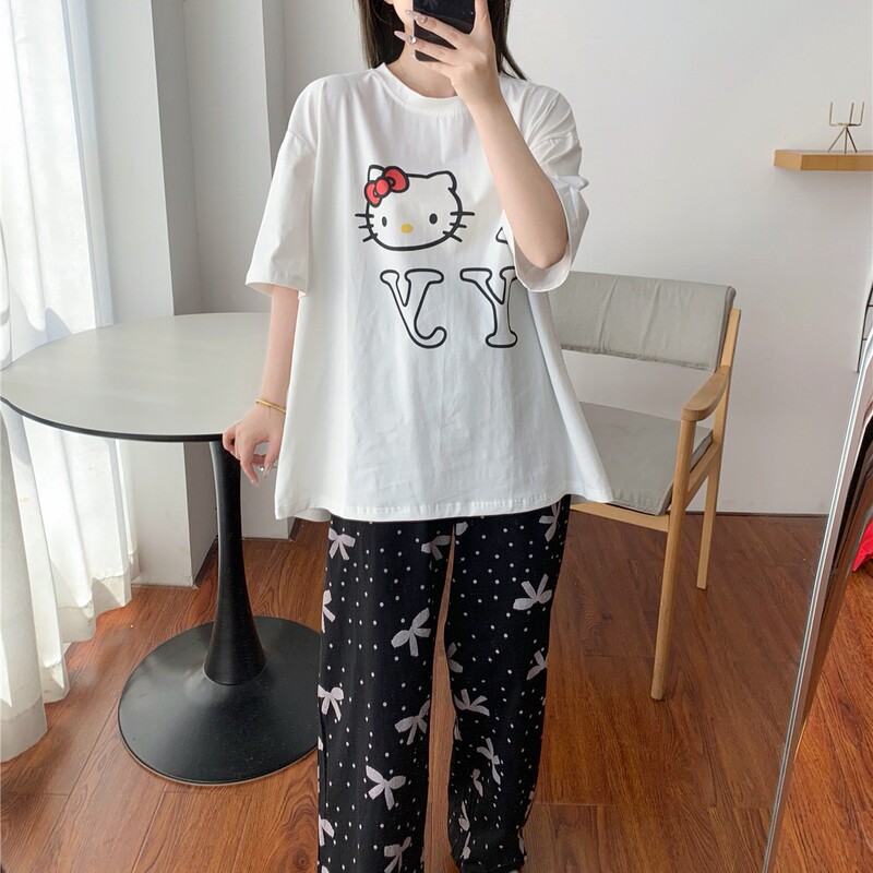 Short-Sleeved Pajamas Summer Thin Pure Cotton Letters Kt Cat Home Clothes Plus Size Fat mm 100kg Bow Pants Suit Short-Sleeved Pajamas Summer Thin Pure Cotton Letters Kt Cat Home Clothes Plus Size Fat mm 100kg Bow Pants Suit
