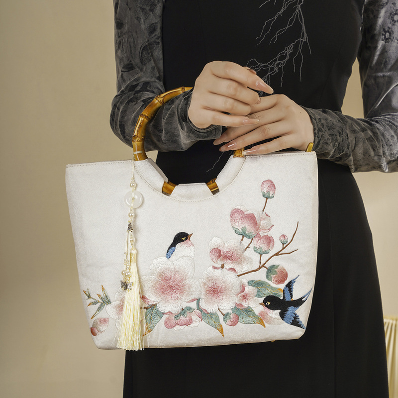 Yanyan Bamboo Handle New Chinese Style Embroidered Bamboo Knot Handbag, Traditional Chinese Style Hanfu Cheongsam Off-White Embroidered Tassel Bag Yanyan Bamboo Handle New Chinese Style Embroidered Bamboo Knot Handbag, Traditional Chinese Style Hanfu Cheongsam Off-White Embroidered Tassel Bag