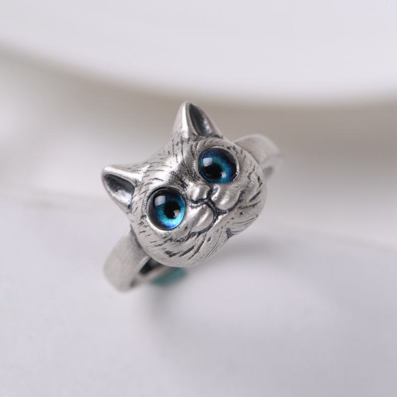 Retro Stereo Cartoon Kitten Ring for Women, Trendy Neutral Style Index Finger Ring, Imitation Thai Silver Blue Eyes, Cat Open Ring