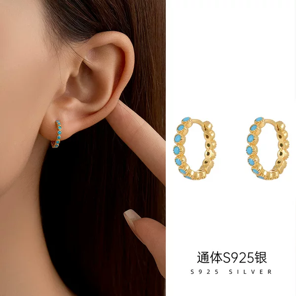 Under the Banyan Tree S925 Silver Retro Turquoise Ear Ring Ear Buckle Women's European and American Elegant Simple Instagram Style Earrings Trendy Earrings