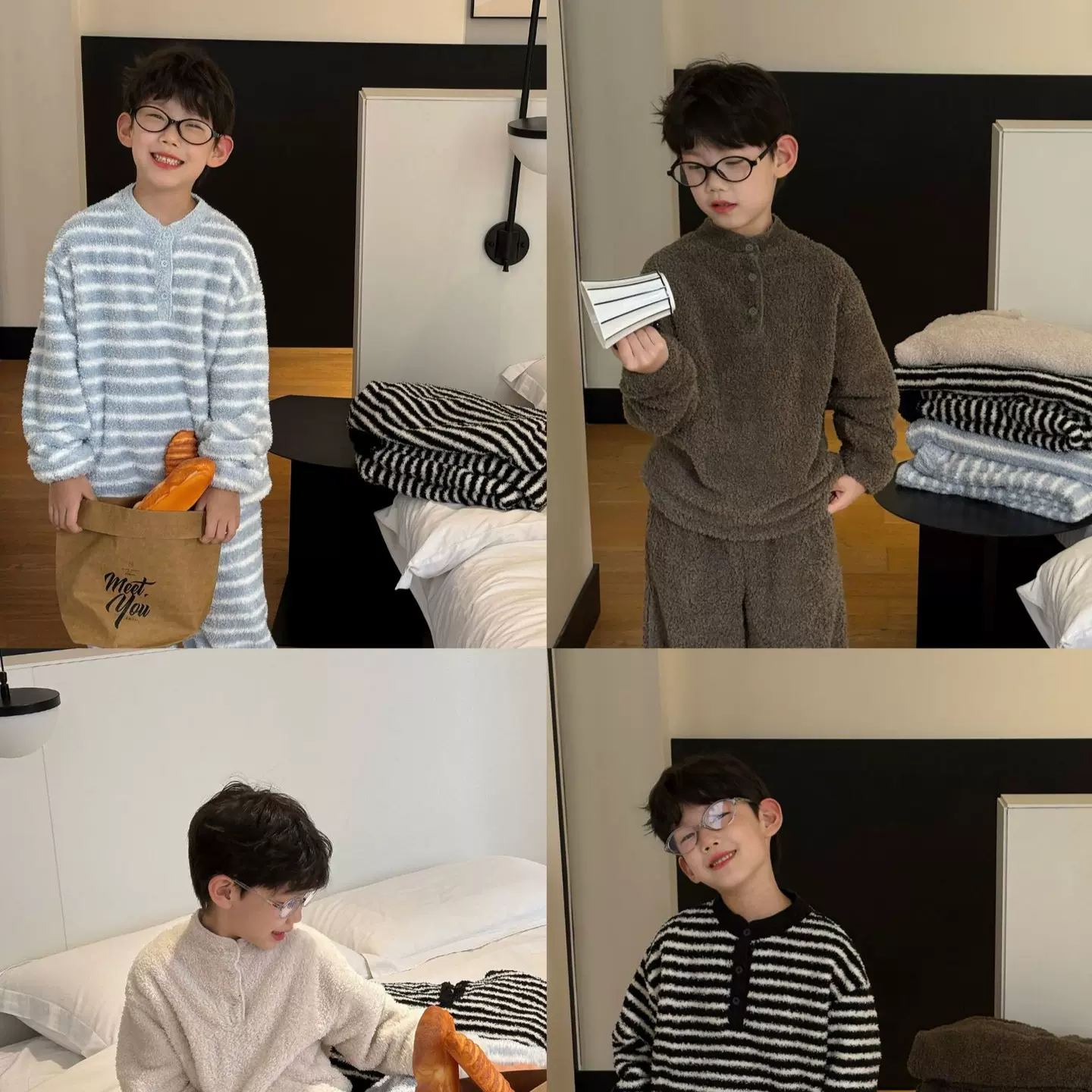 泰如2025冬季新款韩版男童舒适加厚毛圈家居服套装儿童上衣长裤