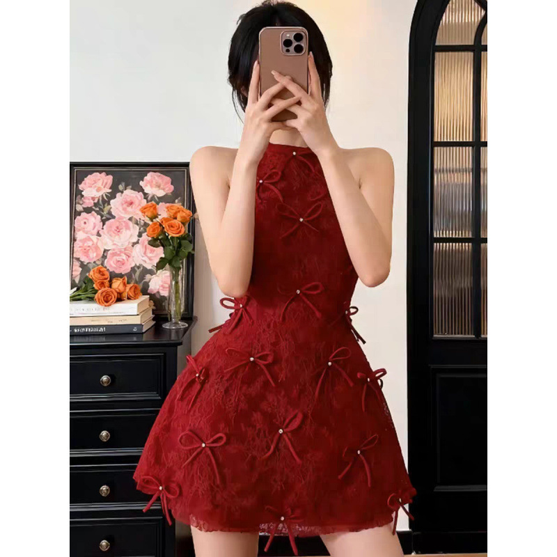 2026 Spring/Summer New Red Halter Lace Christmas Dress High-End Annual Party Dress Short Skirt Women's Clothing 2026 Spring/Summer New Red Halter Lace Christmas Dress High-End Annual Party Dress Short Skirt Women's Clothing