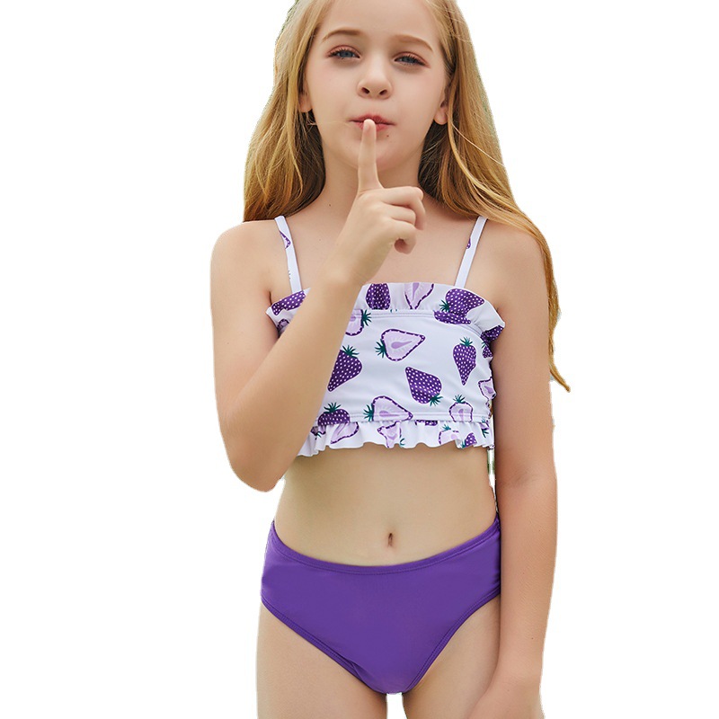 2022现货新款女童三角分体泳装欧美比基尼bikini吊带露背儿童泳衣