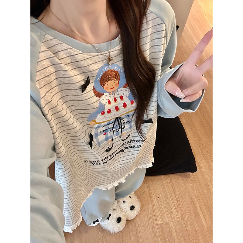 甜美少女风条纹蛋糕女孩睡衣女秋季大码亲肤德绒长袖家居服可外穿|undefined