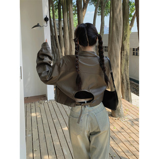 短款皮衣外套女秋季韩版2025新款露背设计感宽松长袖夹克机车服潮