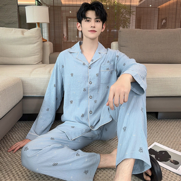 2025 nuevo pijama de primavera y otoño de hombre nubes de algodón de manga larga con la solapa de vestir de casa para niños set de verano