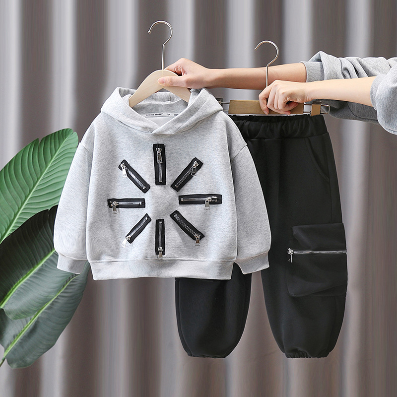 7087 ropa para niños traje de primavera para niños 2025 nuevo suéter con capucha para niños guapos primavera y otoño de dos piezas primavera