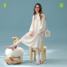 【抗菌新疆棉】a类纯棉秋季圆领长袖甜美条纹睡裙女士宽松家居服