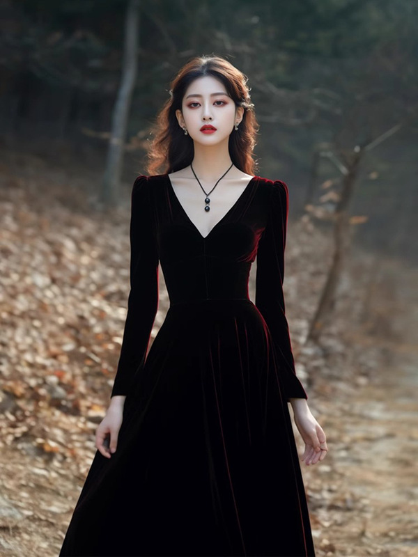 Hepburn-Style Annual Party Evening Dress Formal Occasion Banquet Birthday Dress Super Pretty Burgundy Velvet Dress