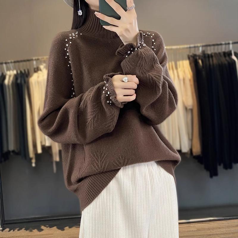 2024 Autumn Outlet Cut Label Women's Wool Sweater Lazy Half Turtle Collar Cashmere Sweater