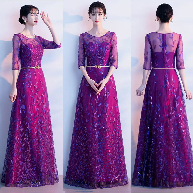 New Style Wedding Toast Dress, Choir Performance Dress, A-Line V-Neck Long Dress, Student Choir Short-Sleeved Bridesmaid Evening Dress