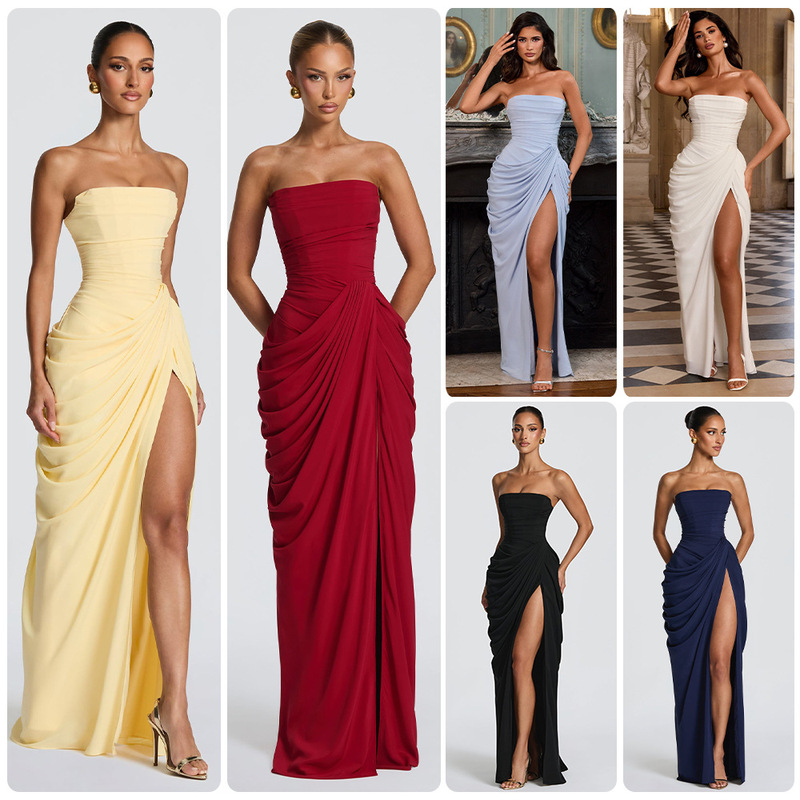 2026 European and American New Style Asymmetrical Pleated Sexy High-Slit French Romantic Strapless Pleated Slit Dress 2026 European and American New Style Asymmetrical Pleated Sexy High-Slit French Romantic Strapless Pleated Slit Dress
