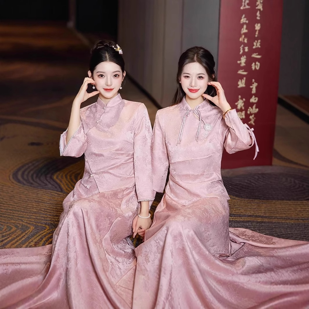 中式伴娘服复古新款秋冬季姐妹裙小个子简约中国风婚礼伴娘团礼服