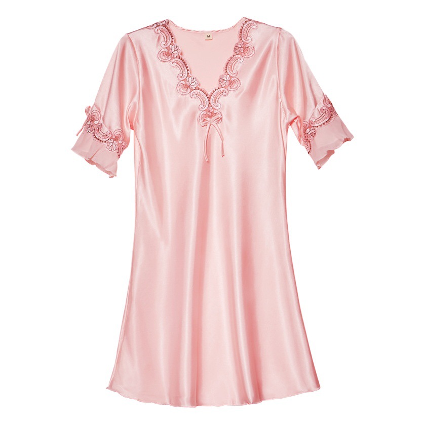 Vestido camisón de seda sintética con cuello en V para mujer, talla grande, de verano, elegante camisón de seda fría con manga media.