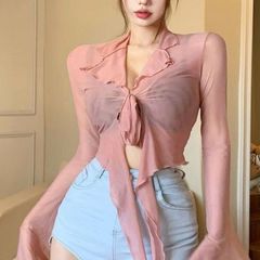 Summer 2023 Mesh Long-Sleeve T-Shirt for Women - Pure Desire, Sensual, Hot Babe, Strap, Trumpet Sleeve, Sheer, Waist-Clinching Short Top