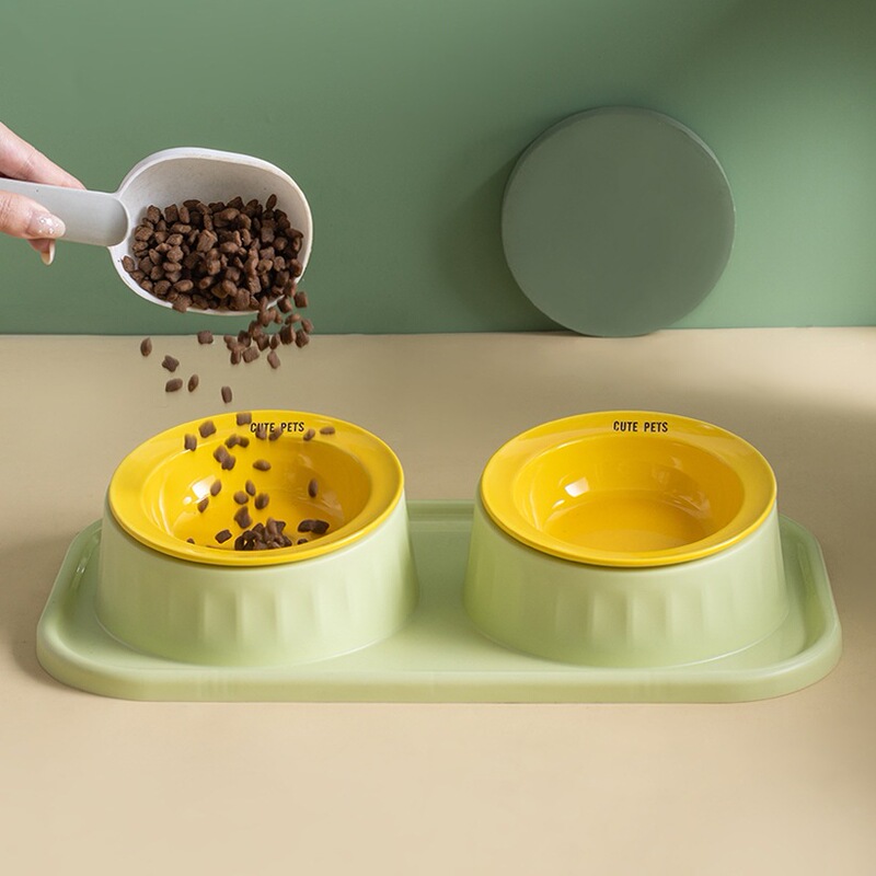 Cross-border ceramic double cat bowl, anti-spill pet bowl, integrated water and food dog bowl, neck protection, easy to clean, UFO-shaped bowl