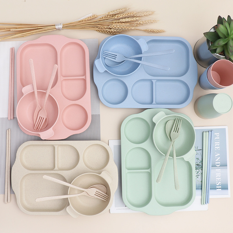 創意小麥秸稈餐具套裝六件套學生分格餐盤幼兒園兒童盤碗杯叉勺子