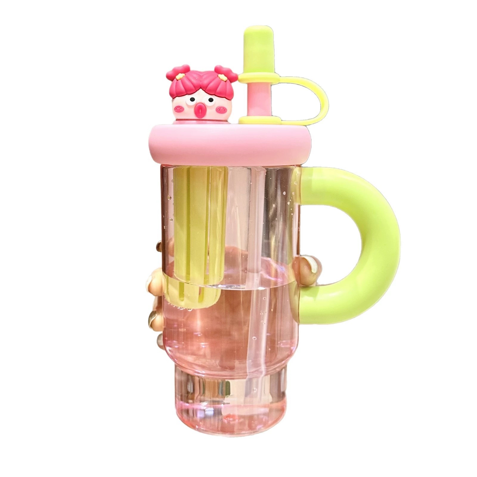 Capacious cartoon cute straw with glass for students, plastic handle