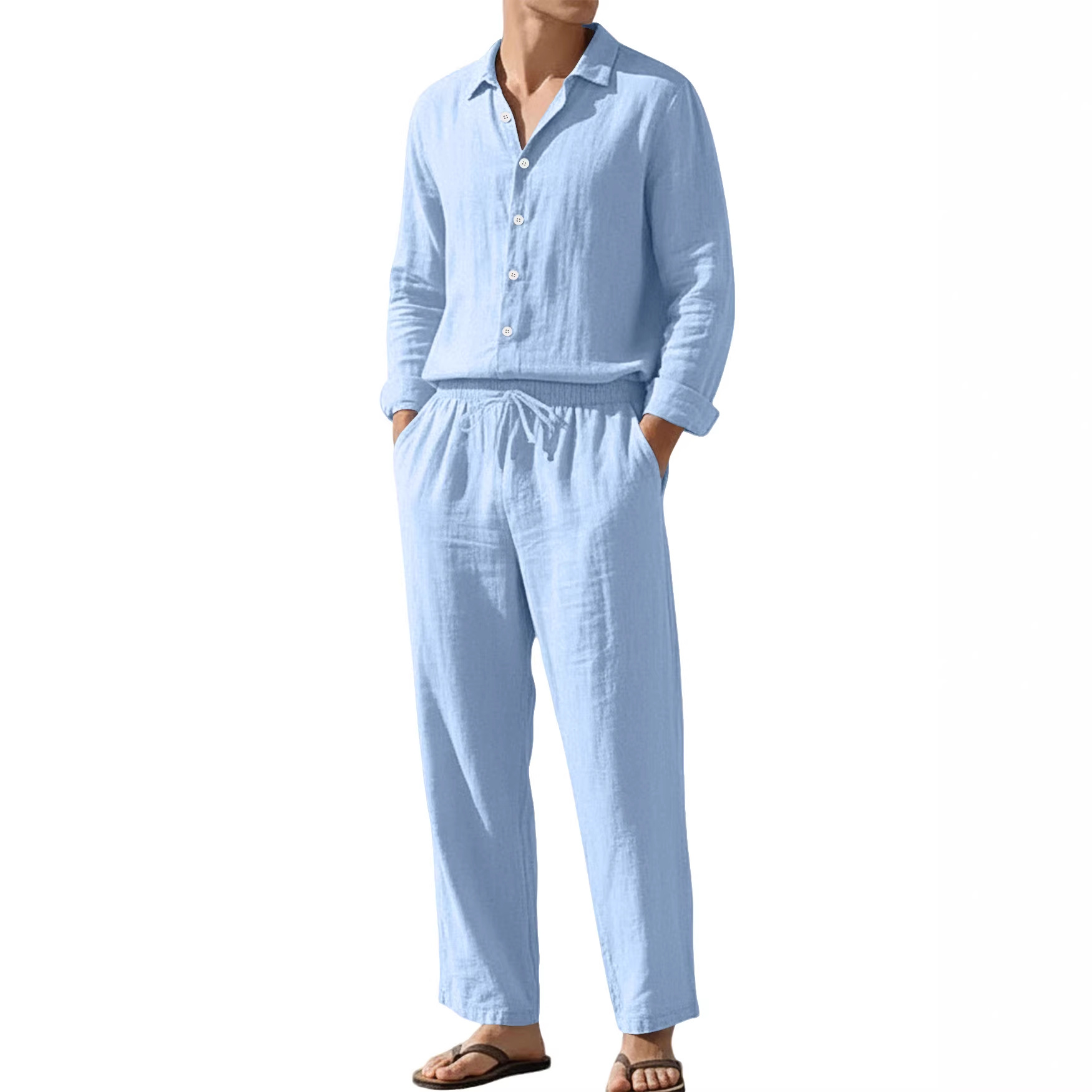 Estación independiente transfronteriza Europa y América cuatro estaciones lino transpirable ocio playa suelta protección solar camisa de mangas largas pantalones largos set hombre