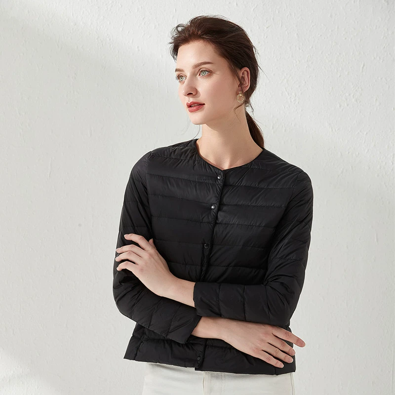 Демисезонная куртка из пуха с длинным рукавом, круглый воротник, slim fit, плюс размеры