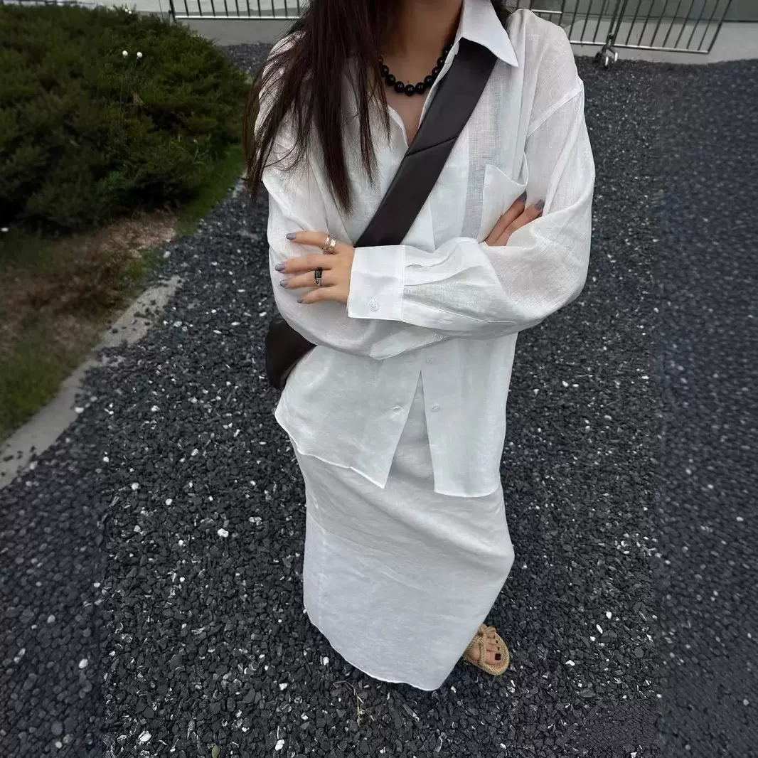 新款法式度假100%纯亚麻衬衣简约百搭慵懒宽松显瘦长袖衬衫女5401