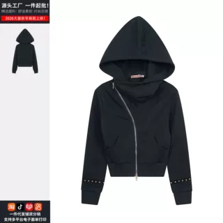 美式复古袖子铆钉连帽斜拉链卫衣外套女秋季慵懒休闲上衣厂家直发