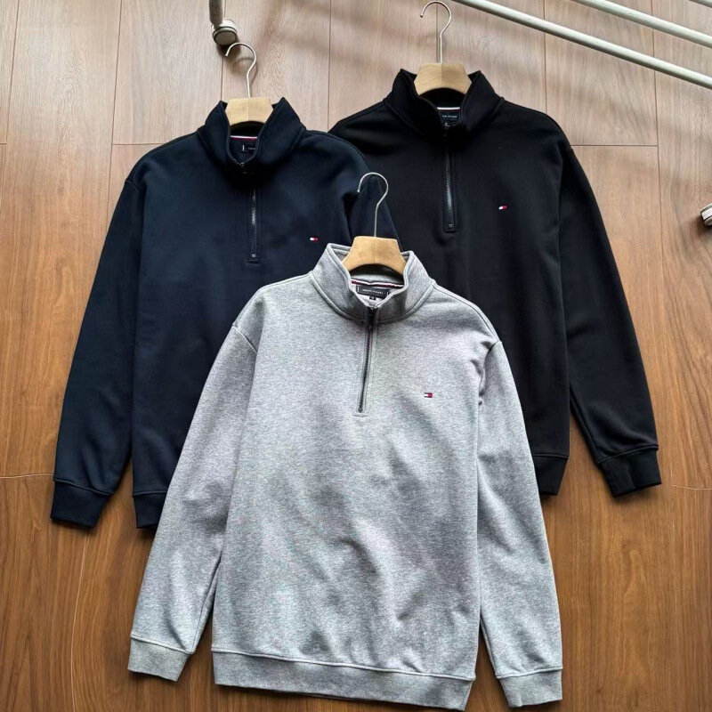 Spring and Autumn Tommy Men's Zipper Sweatshirt Embroidered Logo Casual Loose Pullover One Piece Dropshipping