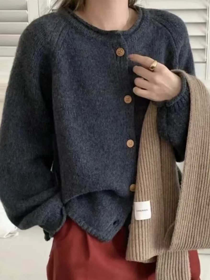 24 invierno Puyuan perezoso viento japonés y coreano ropa casual de mujer cardigan de cashmere grueso cuello redondo suéter suelto