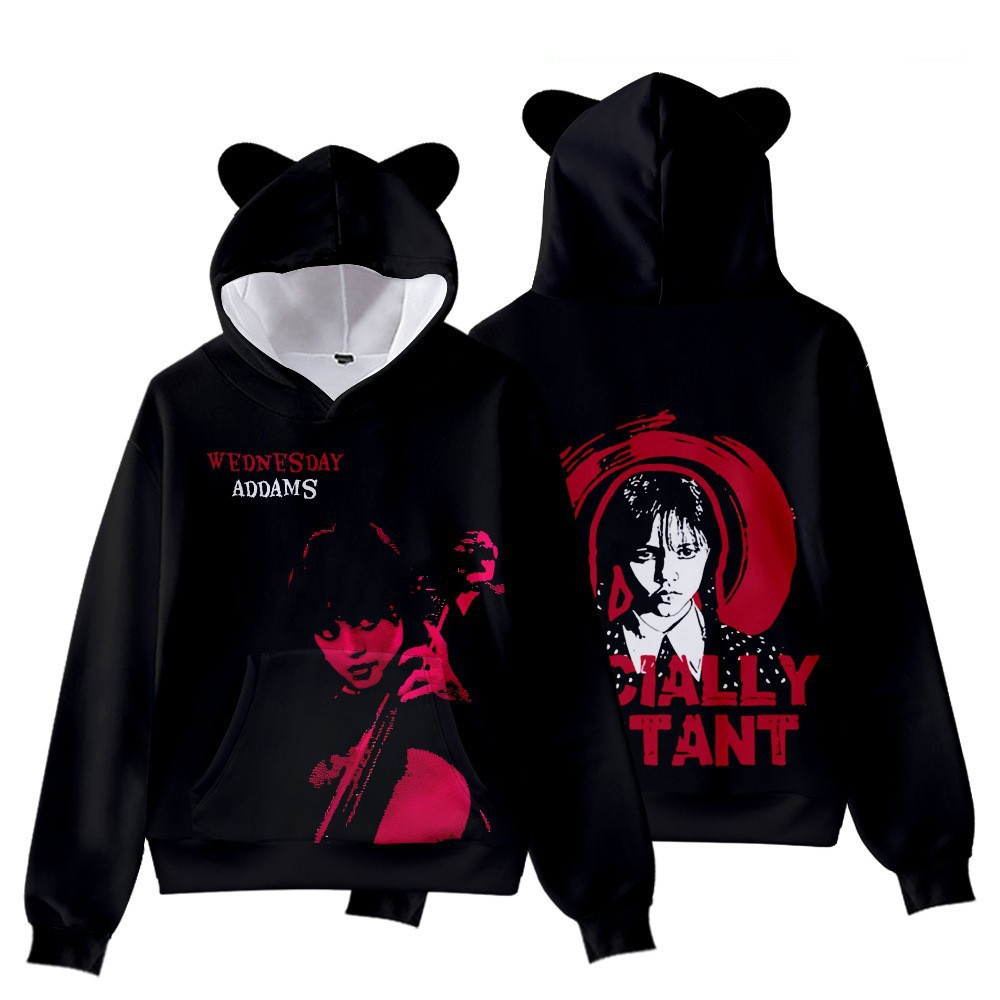 Nuevo estilo explosivo transfronterizo Adams familia estampado 3D orejas de gato con capucha para hombres y mujeres suéter con el mismo estilo