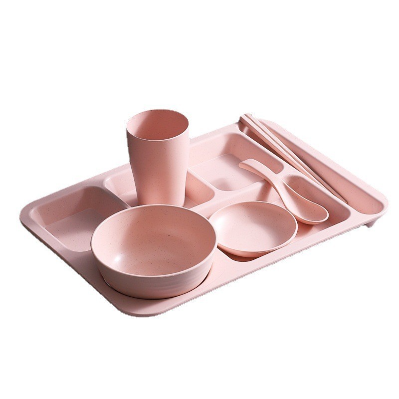 Plato de paja de trigo para adultos conjunto de seis piezas separado plato grande Arroz Tazón Cuchara Taza placa traje cantina estudiante engrosamiento image 7